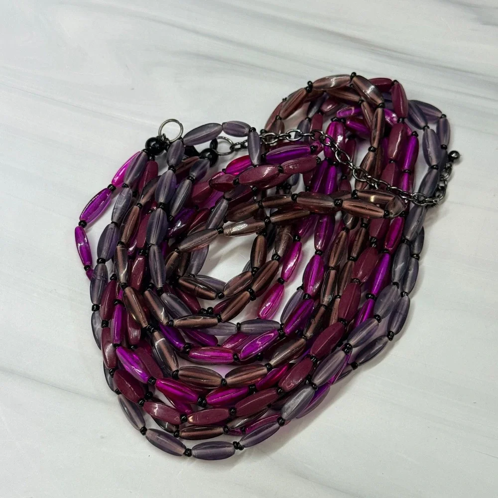 Premier Designs Purple Beaded Four Strand Layered Necklace Gunmetal Tone Clasp